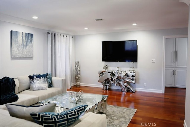 living room with dark wood-type flooring