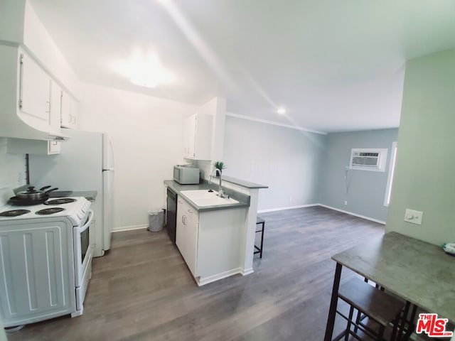 kitchen featuring white cabinetry, sink, dark hardwood / wood-style floors, and white appliances