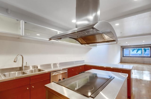 kitchen featuring sink, stainless steel dishwasher, stainless steel counters, wood-type flooring, and island exhaust hood