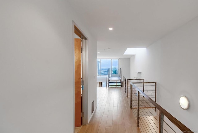 hallway with expansive windows and light hardwood / wood-style floors