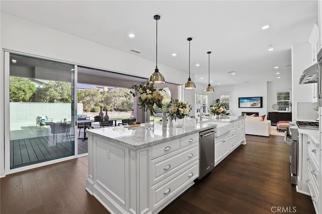 kitchen with white cabinetry, dark hardwood / wood-style floors, pendant lighting, a center island with sink, and appliances with stainless steel finishes