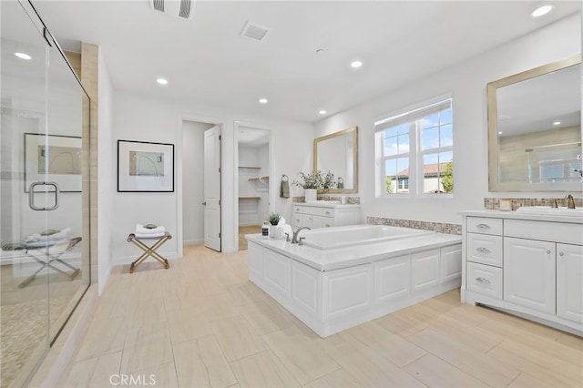 bathroom with vanity and separate shower and tub