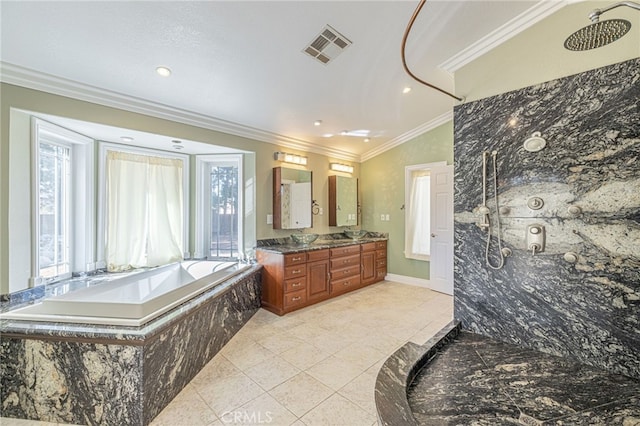 bathroom with a textured ceiling, vanity, vaulted ceiling, separate shower and tub, and crown molding