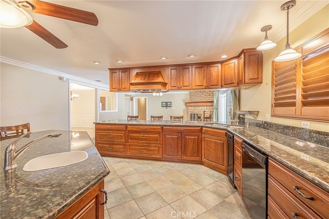 kitchen with dishwasher, sink, hanging light fixtures, ornamental molding, and custom exhaust hood