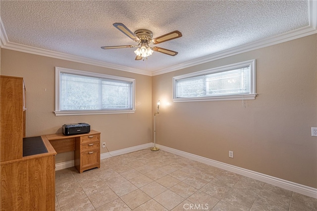 unfurnished office with crown molding, ceiling fan, and a textured ceiling