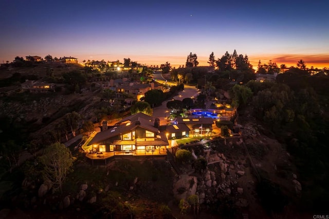 view of aerial view at dusk