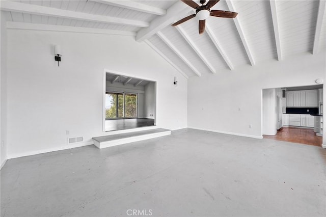 unfurnished living room featuring beamed ceiling, high vaulted ceiling, concrete flooring, and ceiling fan