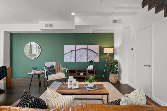 living room with dark wood-type flooring