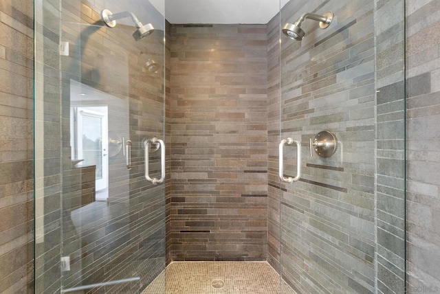 bathroom featuring a shower with shower door