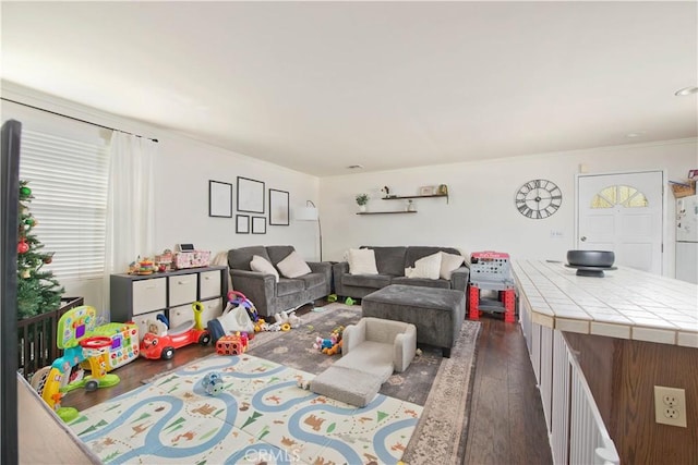 living room with dark hardwood / wood-style flooring and ornamental molding