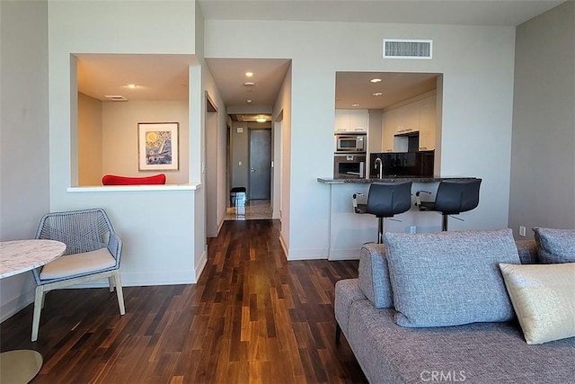 living room with sink and dark hardwood / wood-style floors