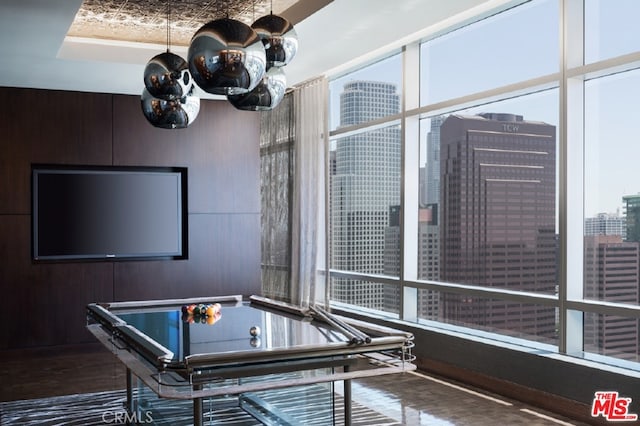 rec room with wooden walls, expansive windows, and wood-type flooring