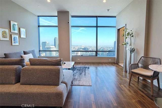 living room featuring floor to ceiling windows and wood-type flooring