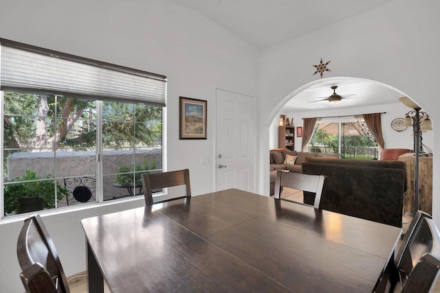 dining room with hardwood / wood-style flooring, ceiling fan, and vaulted ceiling