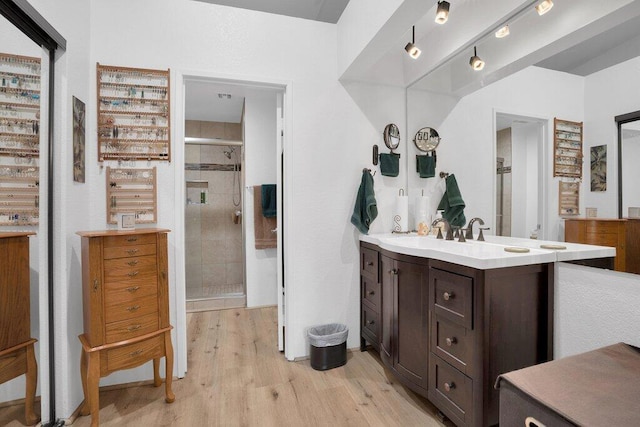 bathroom with vanity, wood-type flooring, and walk in shower