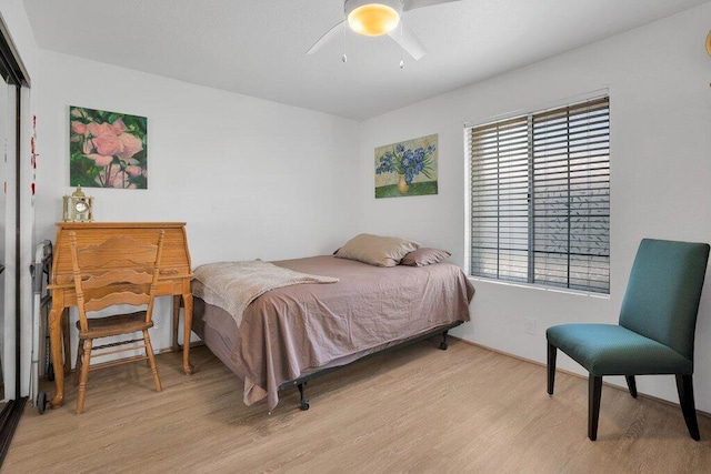 bedroom with light hardwood / wood-style flooring, multiple windows, and ceiling fan