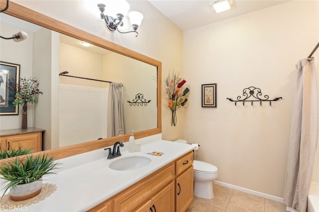 full bathroom with tile patterned flooring, vanity, shower / tub combo with curtain, and toilet