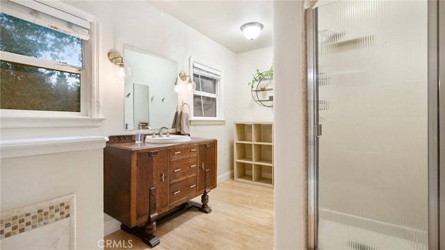 bathroom featuring vanity, wood-type flooring, and an enclosed shower