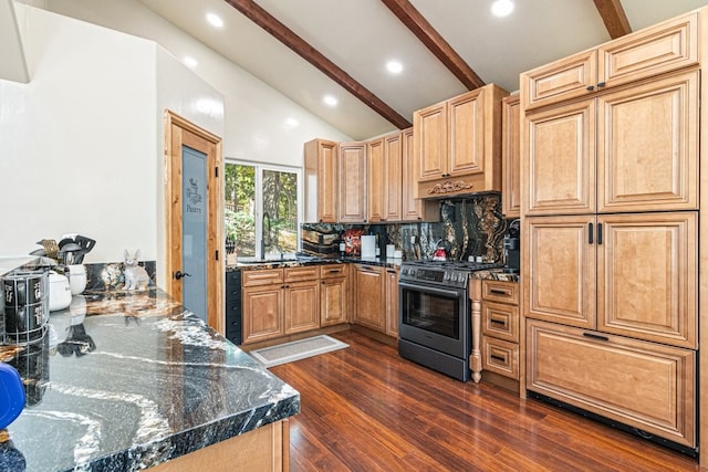 kitchen with sink, stainless steel gas range, dark hardwood / wood-style flooring, beamed ceiling, and decorative backsplash