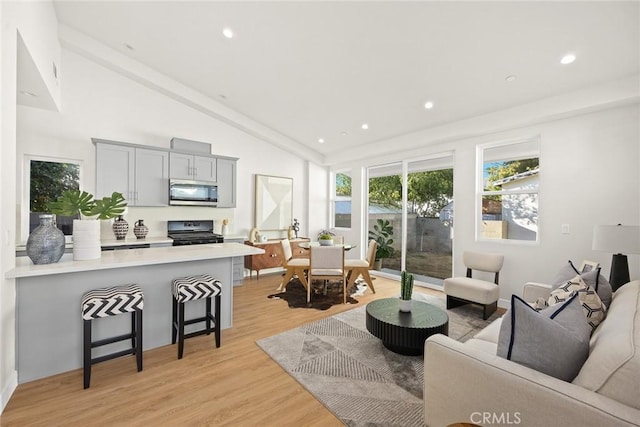 living room featuring high vaulted ceiling and light wood-type flooring