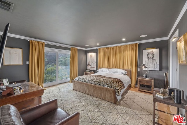 bedroom featuring access to outside, light hardwood / wood-style flooring, and ornamental molding