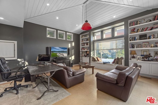 office area with built in shelves, high vaulted ceiling, and wood ceiling