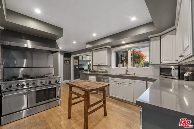 kitchen with white cabinets, sink, light hardwood / wood-style flooring, decorative backsplash, and stainless steel appliances