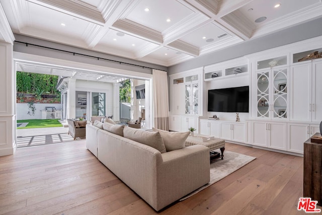 living room with beam ceiling, light wood-type flooring, and coffered ceiling