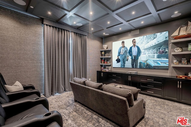 carpeted cinema room with beam ceiling and coffered ceiling