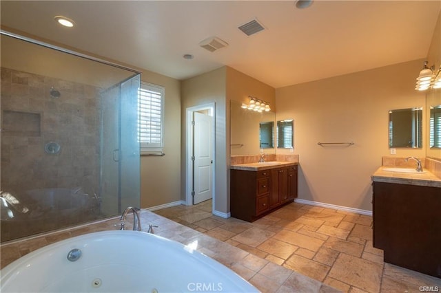 bathroom with vanity and plus walk in shower