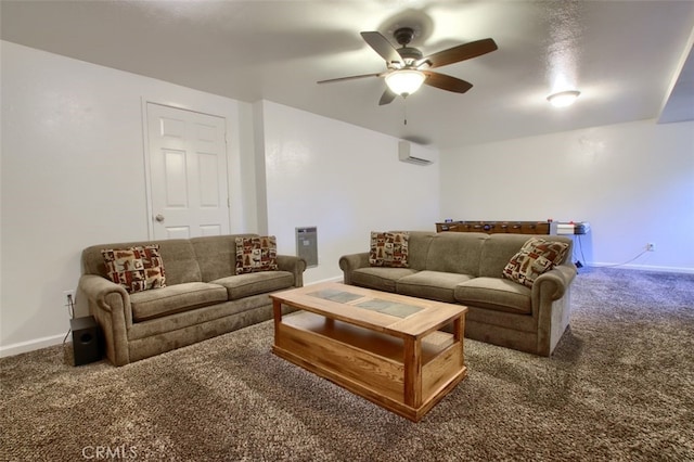 carpeted living room with an AC wall unit and ceiling fan