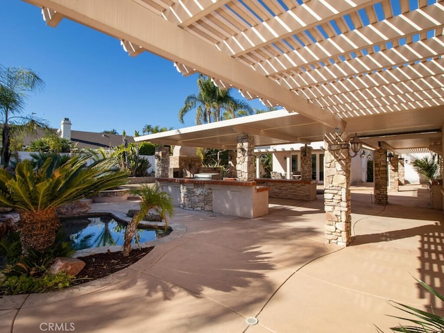 view of patio featuring a pergola, an outdoor bar, and an outdoor kitchen