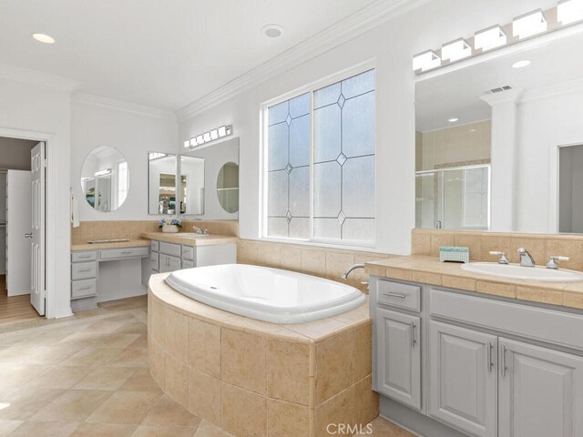 bathroom with shower with separate bathtub, vanity, a wealth of natural light, and ornamental molding