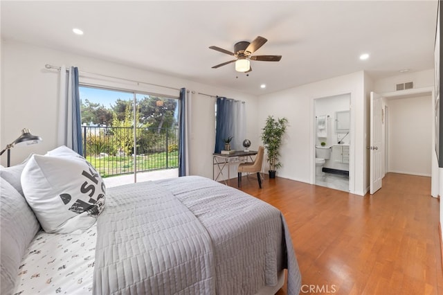 bedroom featuring access to outside, ceiling fan, ensuite bathroom, and wood-type flooring