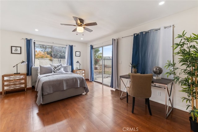 bedroom featuring access to exterior, ceiling fan, and hardwood / wood-style floors