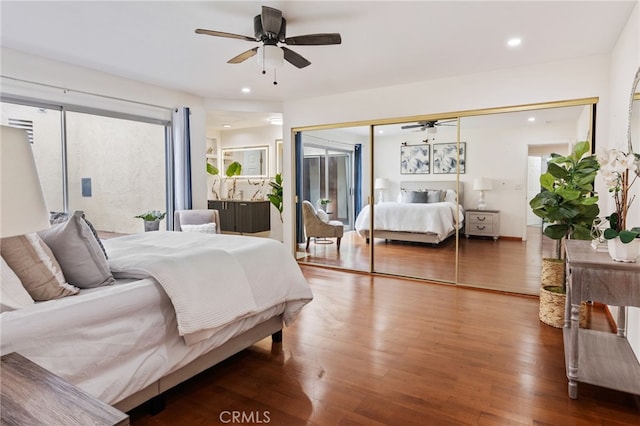 bedroom featuring multiple windows, ceiling fan, a closet, and dark wood-type flooring