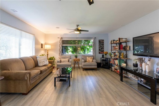 living room with ceiling fan and light wood-type flooring