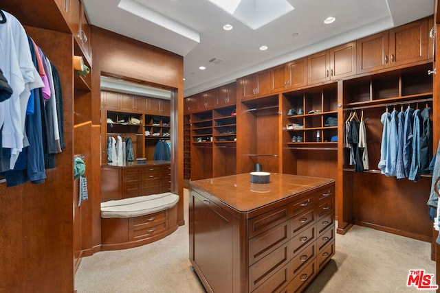 spacious closet featuring light colored carpet