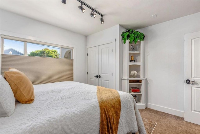 carpeted bedroom with a closet and track lighting