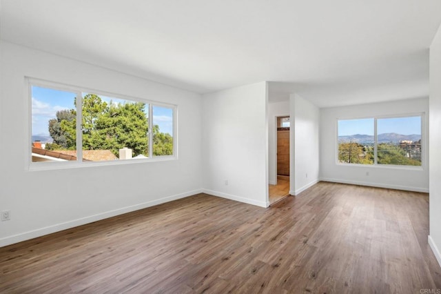 unfurnished room featuring a mountain view, hardwood / wood-style flooring, and a wealth of natural light