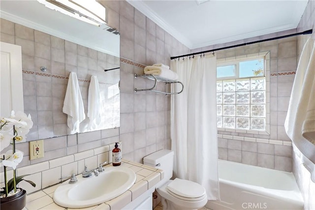 full bathroom with toilet, ornamental molding, tile walls, and vanity