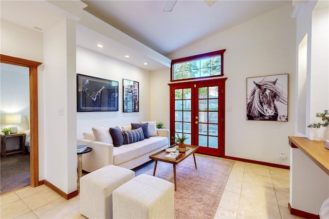 living room with light tile patterned floors and french doors