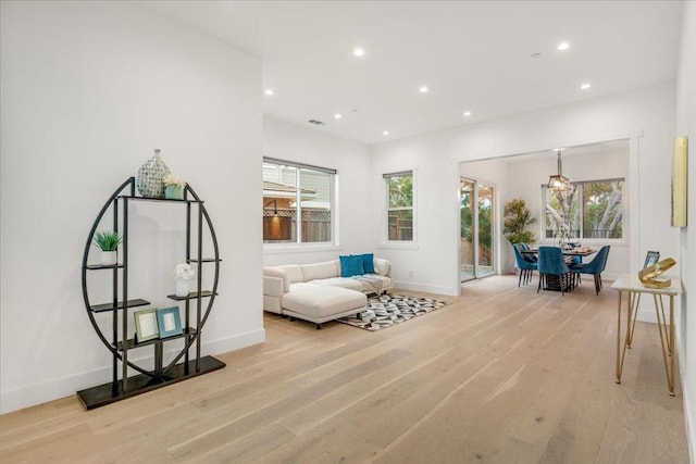 living area featuring light hardwood / wood-style flooring and a healthy amount of sunlight