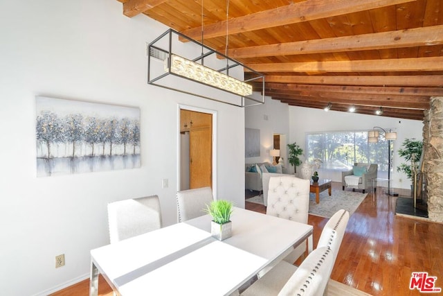 dining room with beamed ceiling, wood ceiling, dark wood-type flooring, and high vaulted ceiling