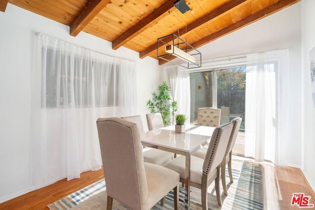 dining area featuring vaulted ceiling with beams, light hardwood / wood-style flooring, and wood ceiling