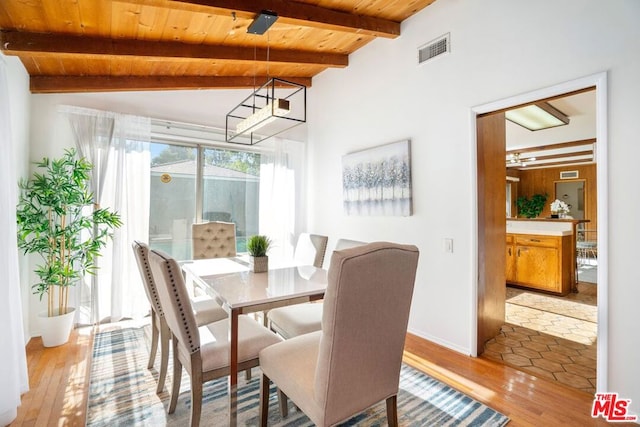 dining area featuring vaulted ceiling with beams, wooden ceiling, a chandelier, and light wood-type flooring