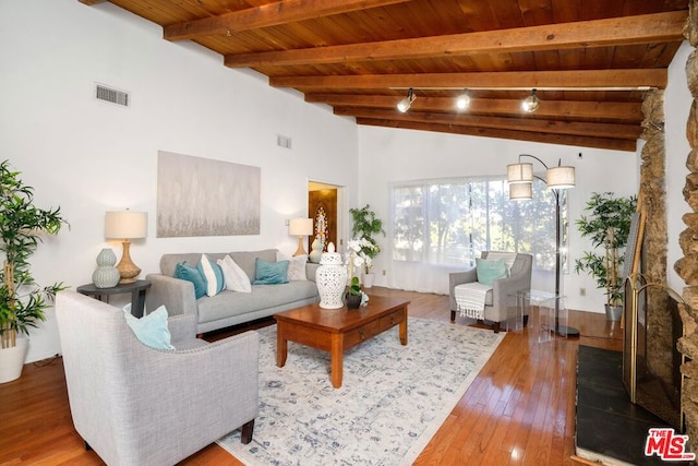 living room featuring hardwood / wood-style floors, lofted ceiling with beams, and wood ceiling