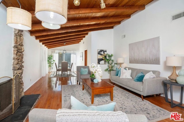 living room featuring lofted ceiling with beams, hardwood / wood-style floors, and wooden ceiling