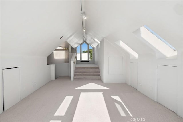 additional living space with lofted ceiling with skylight and light carpet