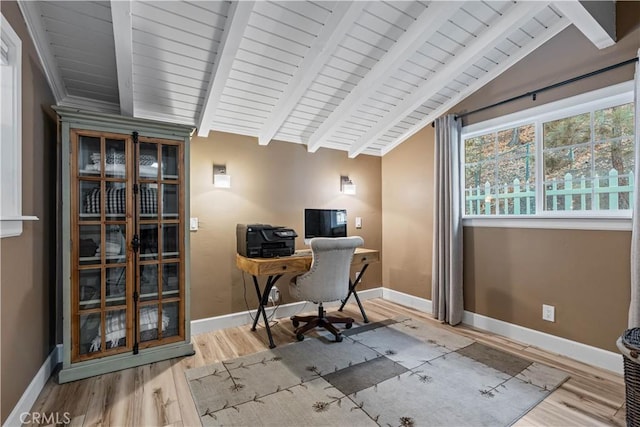 home office featuring wood ceiling, hardwood / wood-style flooring, and lofted ceiling with beams